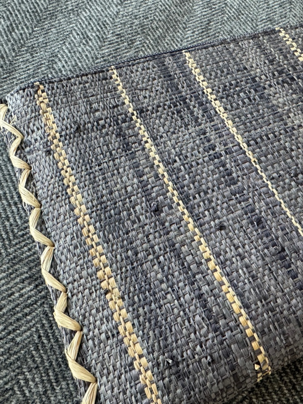 NWT, SHEBOBO, RAFFIA ENVELOPE IN INDIGO BLUE/GREY TONES NATURAL STRIPES